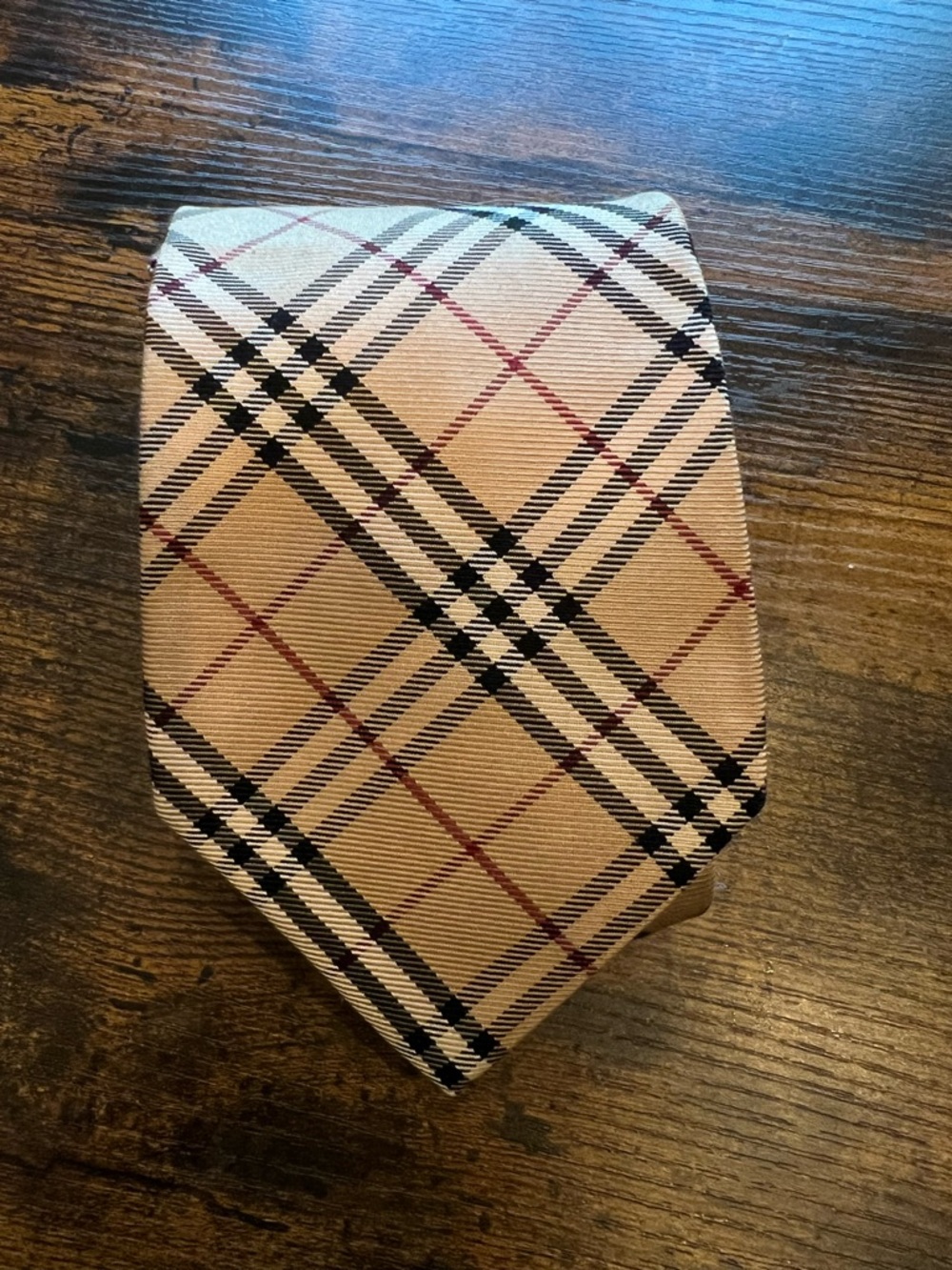 Burberry Beige Plaid Tie with Black and Red Accents